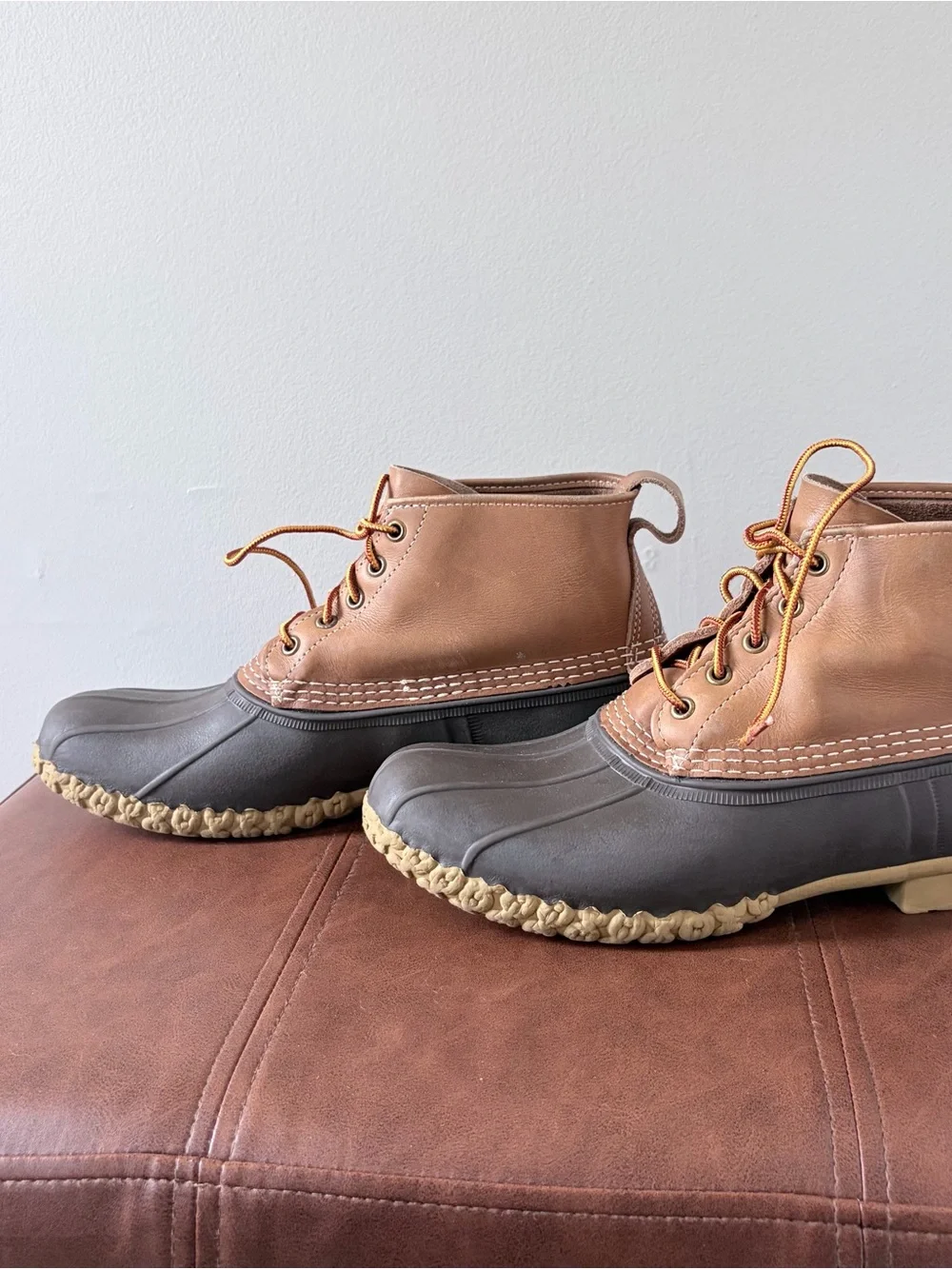LL Bean Bean Boots 6 Inch Tan Brown Leather Rubber Rain Snow Made in USA